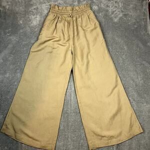 Nary Elastic and Ruffled High Waistband Lounge Pants Womens M Linen Blend Tan